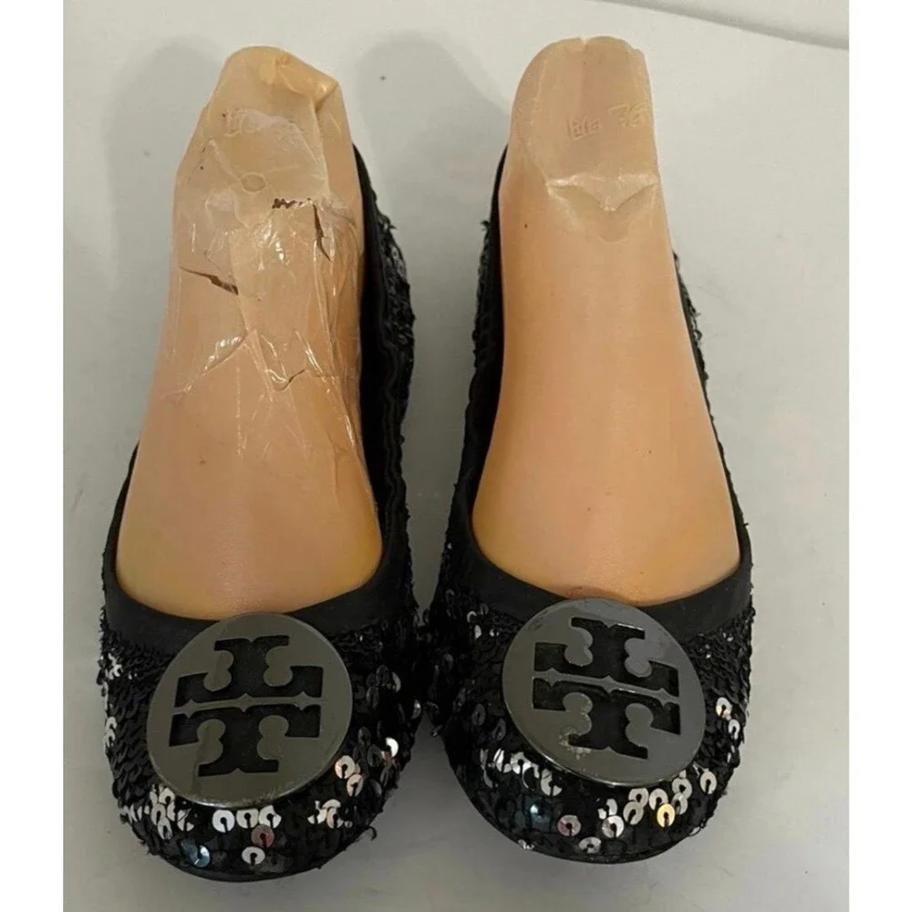 TORY BURCH REVA BLACK SEQUIN LOGO FLATS SIZE 7M